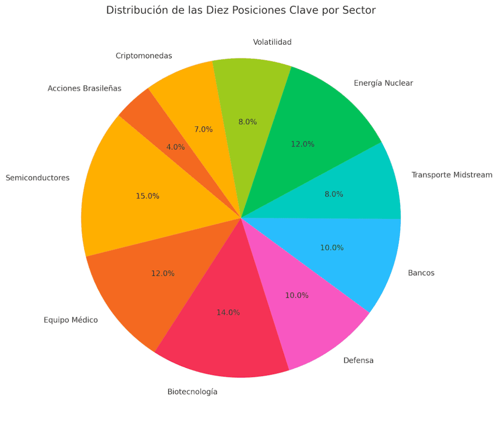 Tendencia de Inversión 2025: "Distribución de las Diez Posiciones Clave por Sector" Un gráfico de  pastel para mostrar la proporción de cada sector dentro de una cartera diversificada.