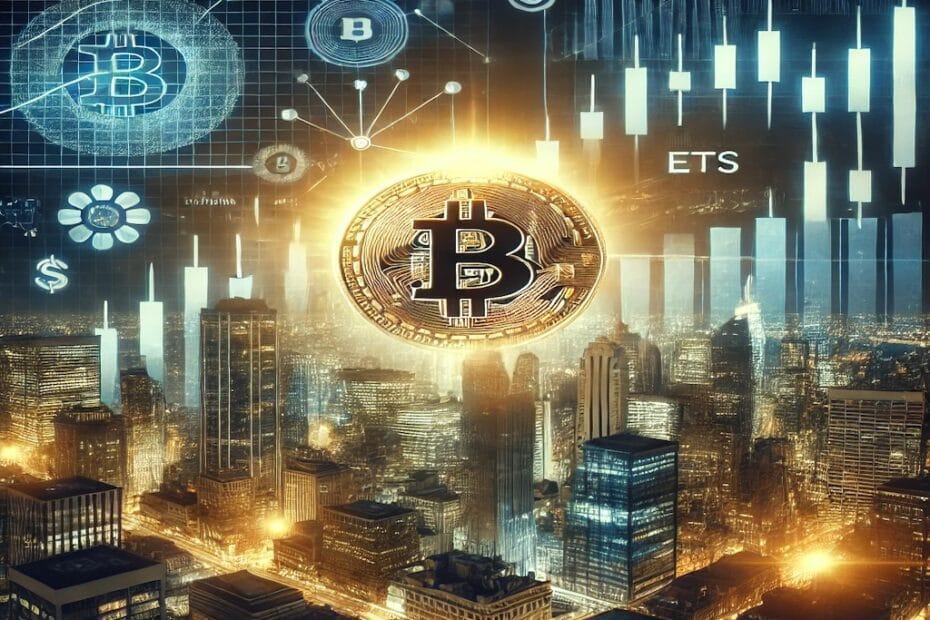 Éxito récord ETF Bitcoin: Representación futurista de una ciudad financiera con Bitcoin y gráficos de inversión en ascenso.