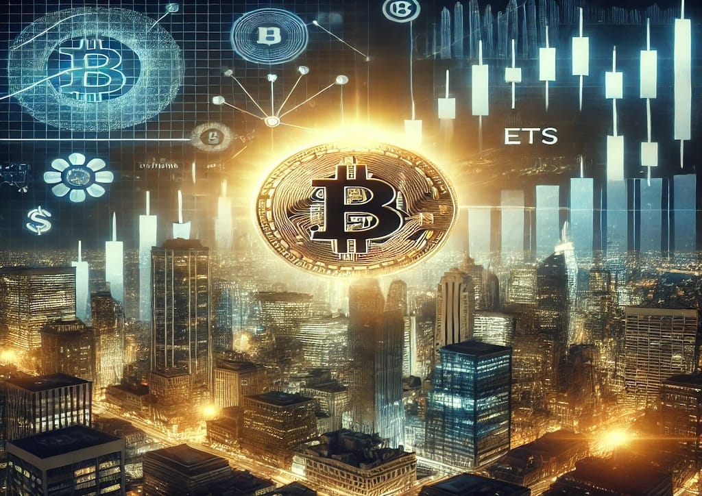Éxito récord ETF Bitcoin: Representación futurista de una ciudad financiera con Bitcoin y gráficos de inversión en ascenso.