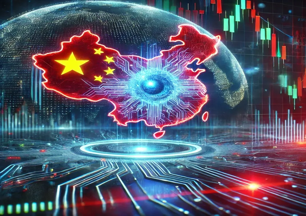 Ilustración conceptual de la Inteligencia Artificial China destacando su impacto en los mercados globales, con redes neuronales y un mapa de China iluminado.