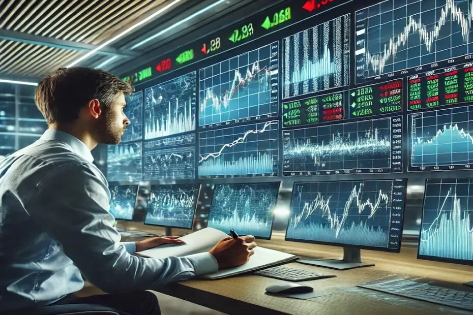Análisis de las Tendencias de Inversión en el Mercado Actual con gráficos financieros y un analista revisando datos en una oficina moderna.