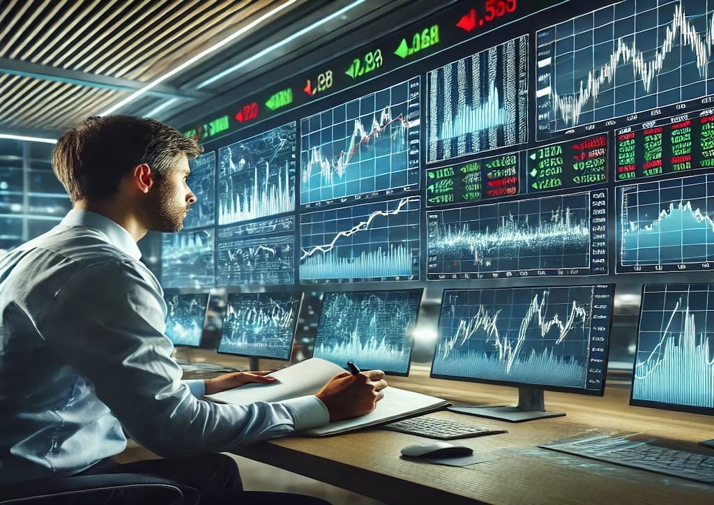 Análisis de las Tendencias de Inversión en el Mercado Actual con gráficos financieros y un analista revisando datos en una oficina moderna.