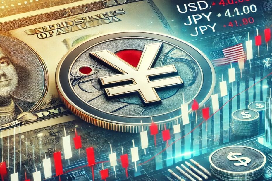 Gráfico financiero que muestra la apreciación del yen frente al dólar con símbolos del yen y el dólar, reflejando la tendencia cambiaria.
