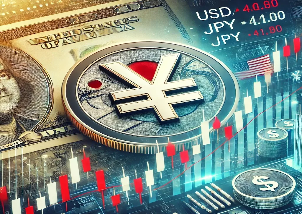 Gráfico financiero que muestra la apreciación del yen frente al dólar con símbolos del yen y el dólar, reflejando la tendencia cambiaria.