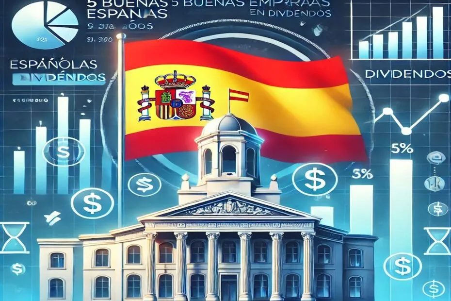 Imagen representativa del mercado financiero español con gráficos bursátiles y dividendos, destacando empresas españolas de dividendos para invertir a largo plazo.