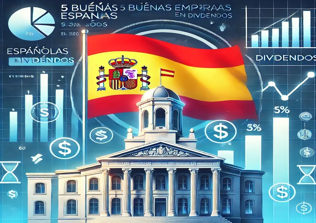 Imagen representativa del mercado financiero español con gráficos bursátiles y dividendos, destacando empresas españolas de dividendos para invertir a largo plazo.
