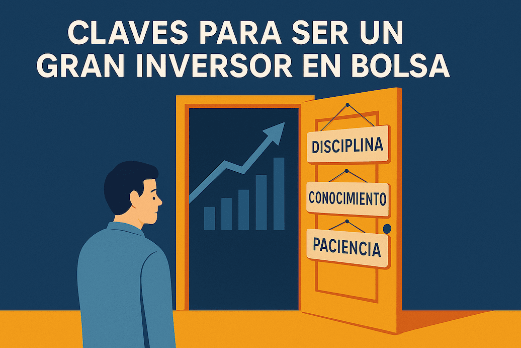 Ilustración de un inversor frente a una puerta con los valores “Disciplina”, “Conocimiento” y “Paciencia” como claves para ganar dinero en bolsa.