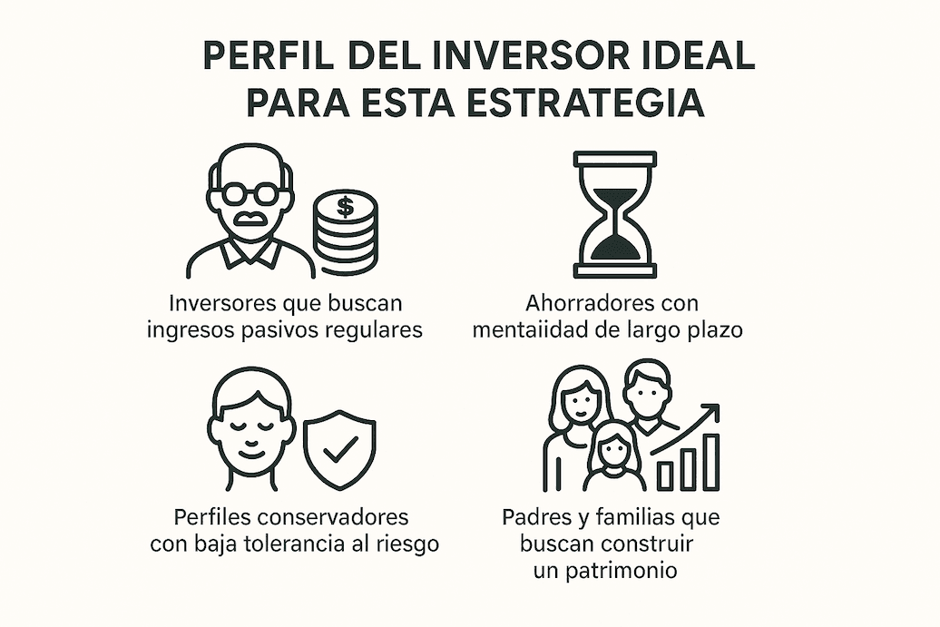 Infografía con perfiles del inversor ideal para la estrategia de inversión en dividendos: ingresos pasivos, ahorro a largo plazo, bajo riesgo y construcción de patrimonio familiar