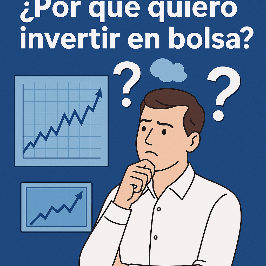 Hombre pensativo con gráficos bursátiles y signos de interrogación junto al texto “¿Por qué quiero invertir en bolsa?”