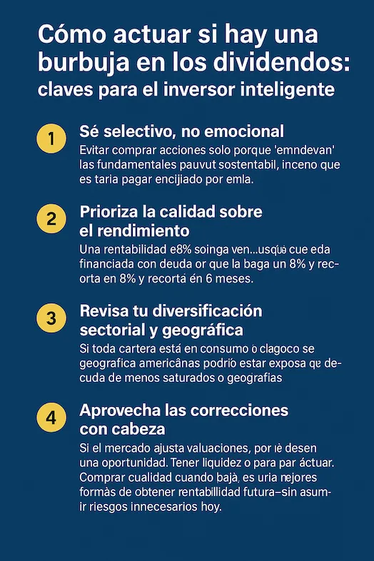 claves para el inversor inteligente, que presenta cinco recomendaciones prácticas: ser selectivo, priorizar calidad, diversificar la cartera, aprovechar correcciones y mantener una estrategia de largo plazo, todo sobre fondo azul con diseño claro y visual.