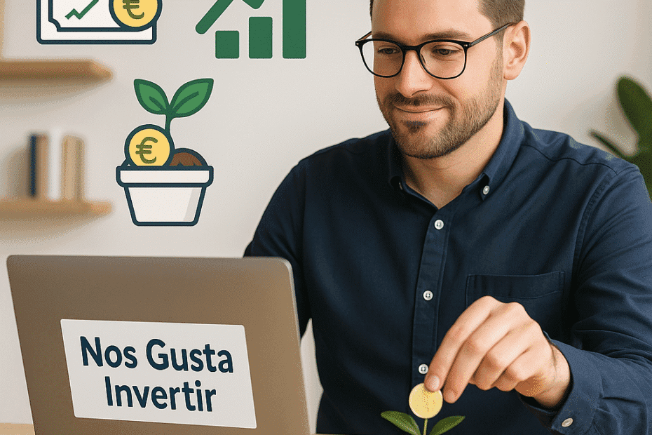 Hombre joven construyendo una cartera de dividendos desde cero con 100 € al mes frente a su ordenador en casa.