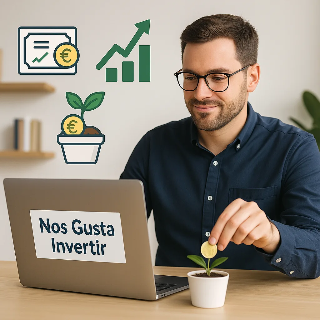 Hombre joven construyendo una cartera de dividendos desde cero con 100 € al mes frente a su ordenador en casa.