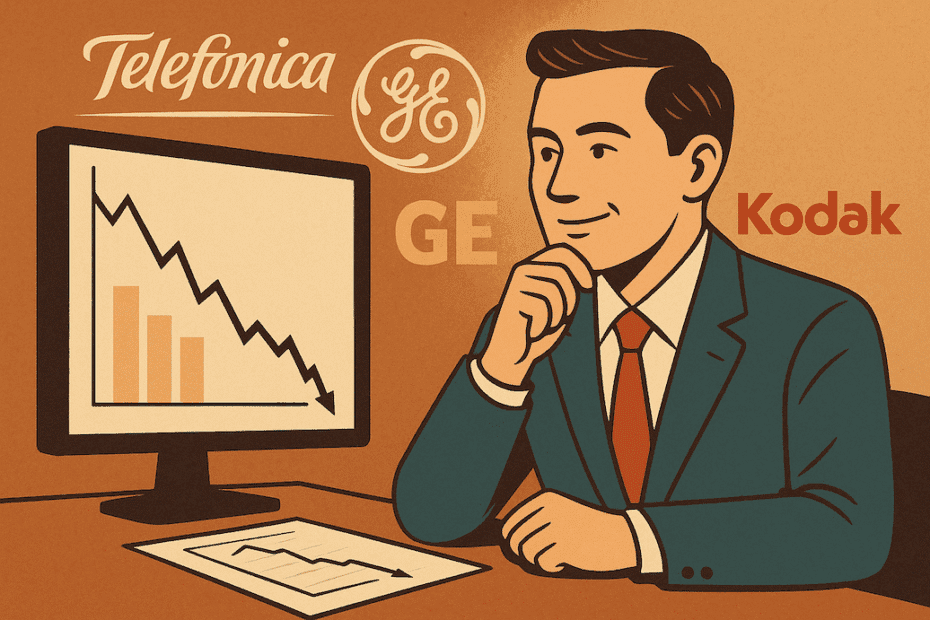 errores al invertir en dividendos. Inversor observando gráfico bajista con logos de Telefónica, General Electric y Kodak de fondo.