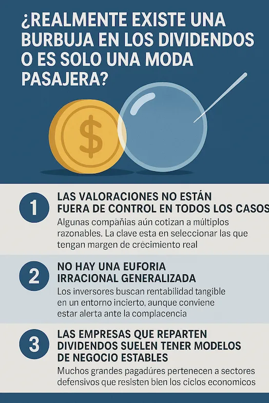 una moneda dorada y una burbuja a punto de estallar. Se presentan tres argumentos clave en secciones numeradas: valoraciones razonables, ausencia de euforia irracional y estabilidad en los modelos de negocio que reparten dividendos.