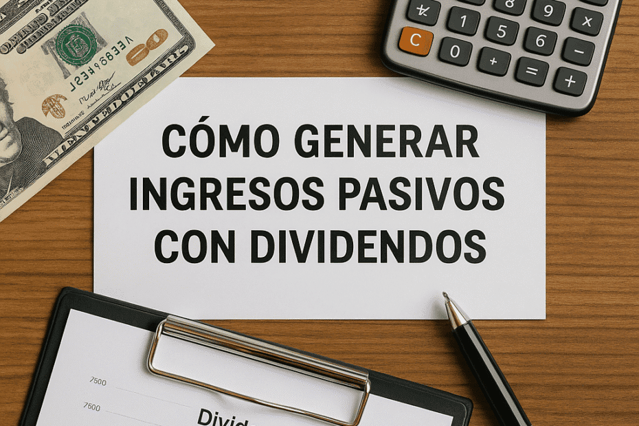 Material de planificación financiera sobre cómo generar ingresos pasivos con dividendos, incluyendo billetes, calculadora, gráfico y bolígrafo.