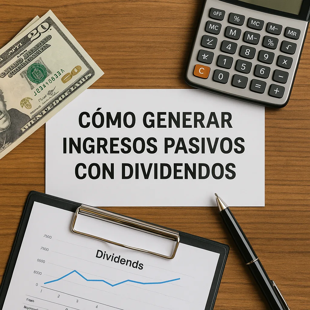 Material de planificación financiera sobre cómo generar ingresos pasivos con dividendos, incluyendo billetes, calculadora, gráfico y bolígrafo.