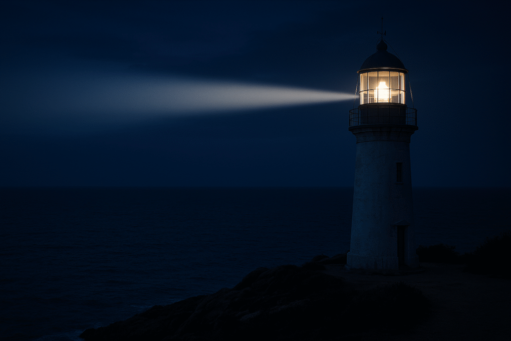 Faro iluminando en la noche frente al mar, simbolizando guía y estabilidad en la psicología del inversor.