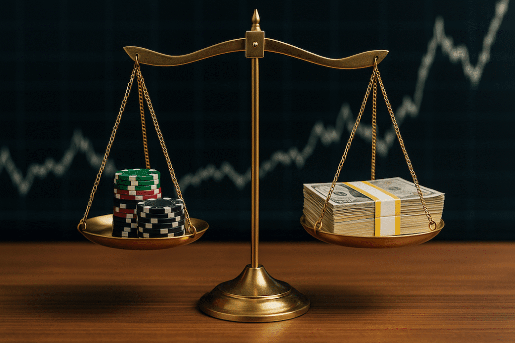 Balanza con fichas de póker y billetes de dólar, representando el equilibrio entre riesgo y recompensa en el trading.
