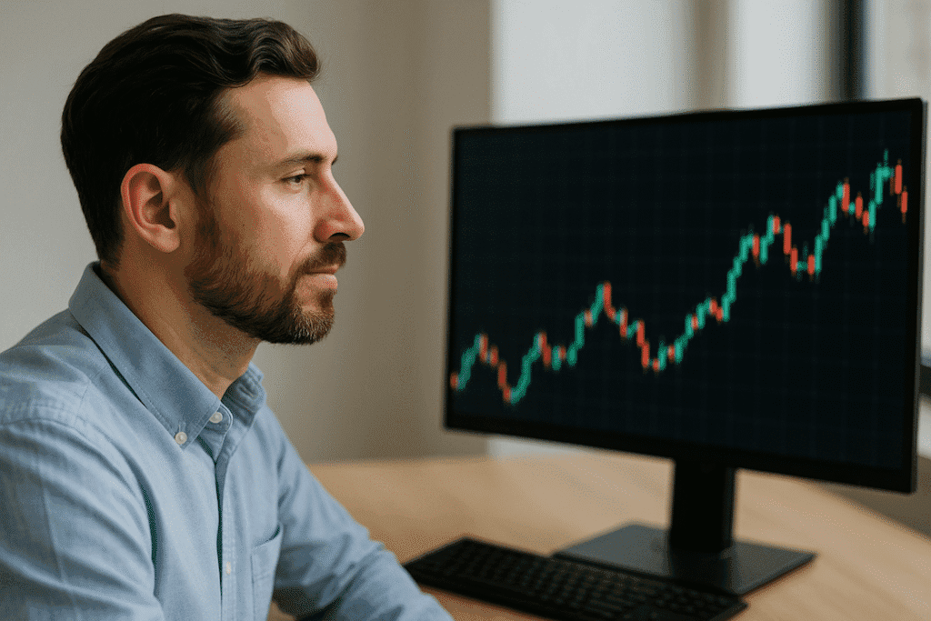 Inversor sereno observando un gráfico con movimientos de mercado, simbolizando aceptar el riesgo sin miedo.
