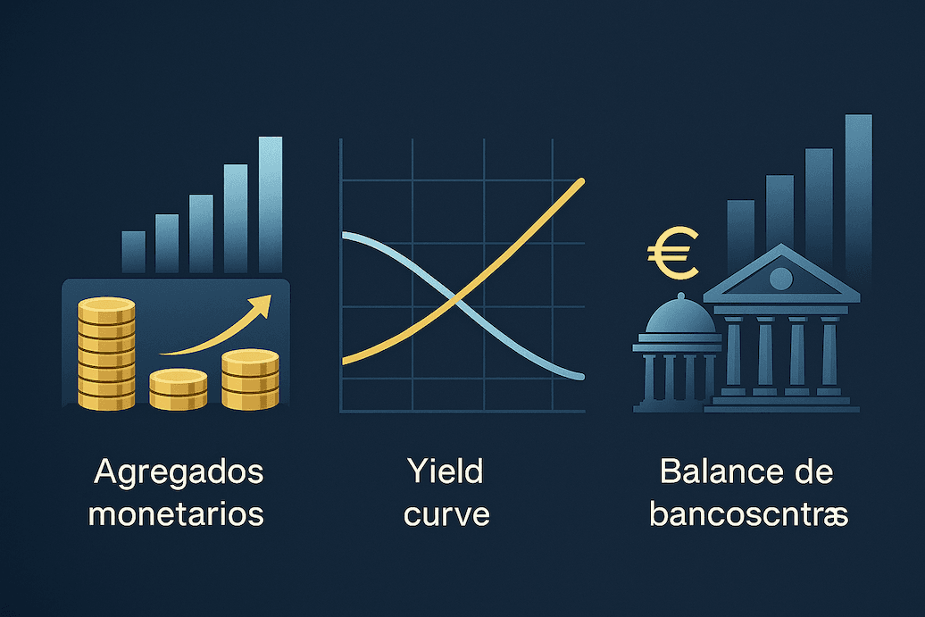 infografía de indicadores clave de liquidez en el sistema financiero: agregados monetarios, curva de tipos y balance de bancos centrales
