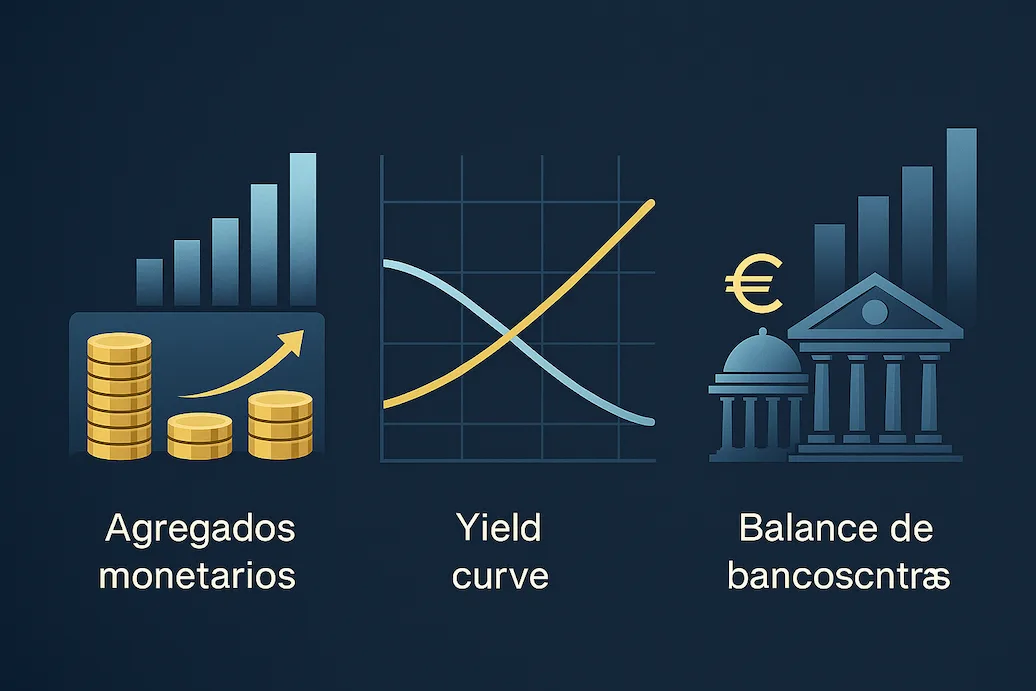 infografía de indicadores clave de liquidez en el sistema financiero: agregados monetarios, curva de tipos y balance de bancos centrales