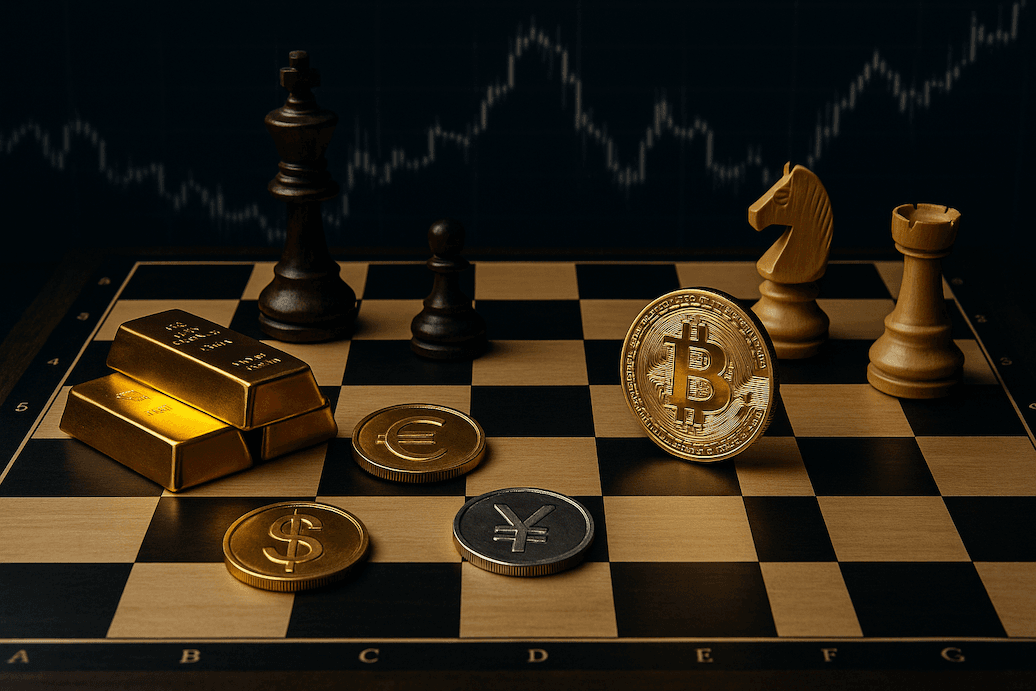 Tablero de ajedrez con monedas internacionales, lingotes de oro y un Bitcoin, representando la guerra económica mundial
