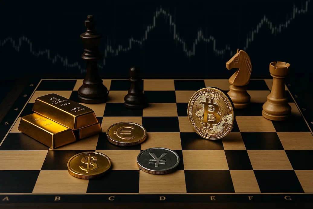 Tablero de ajedrez con monedas internacionales, lingotes de oro y un Bitcoin, representando la guerra económica mundial