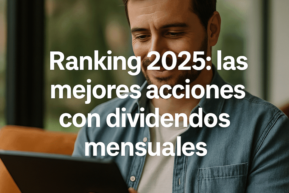 Hombre sonriente revisando información financiera en una tablet, con el título “Ranking 2025: las mejores acciones con dividendos mensuales” en tipografía moderna.