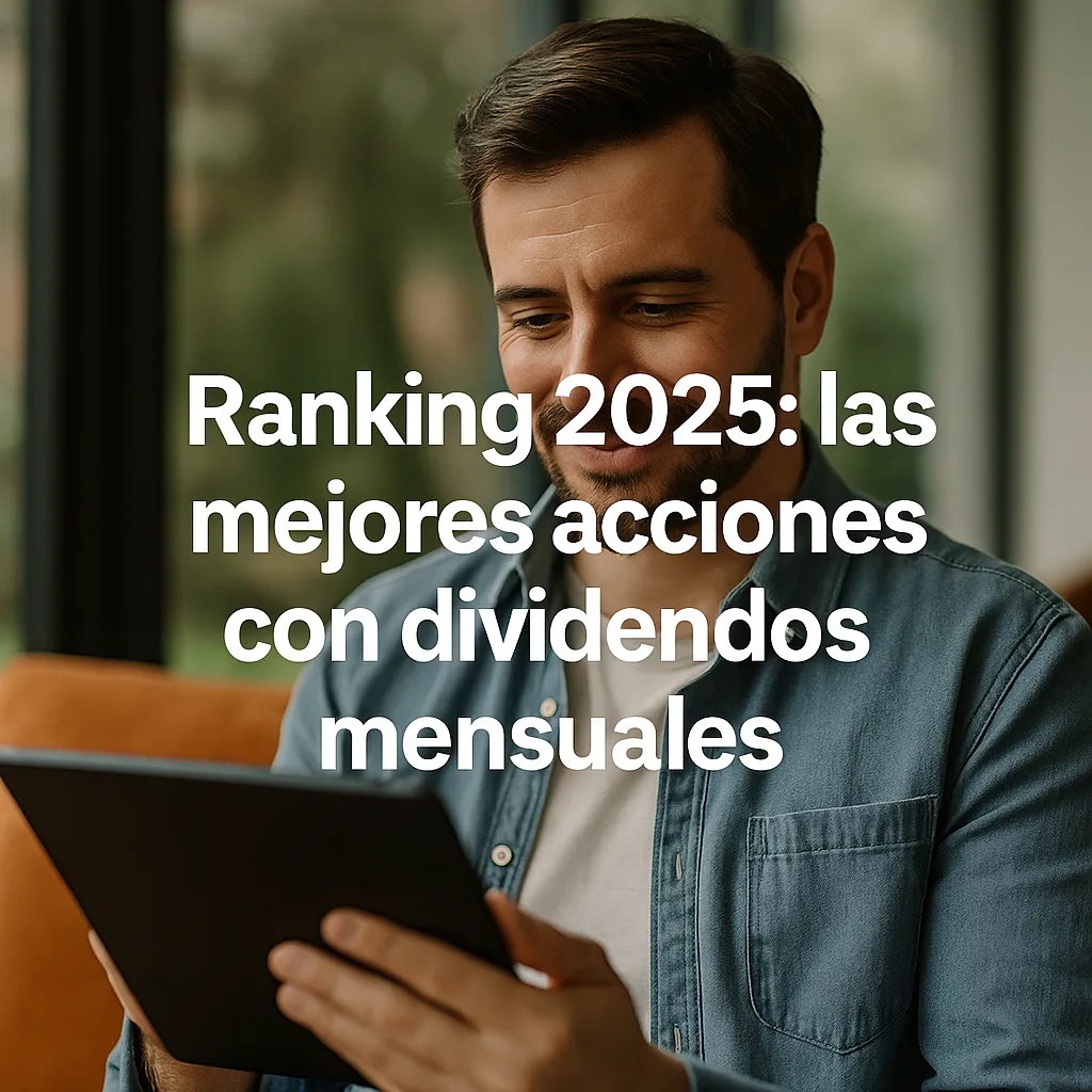 Hombre sonriente revisando información financiera en una tablet, con el título “Ranking 2025: las mejores acciones con dividendos mensuales” en tipografía moderna.