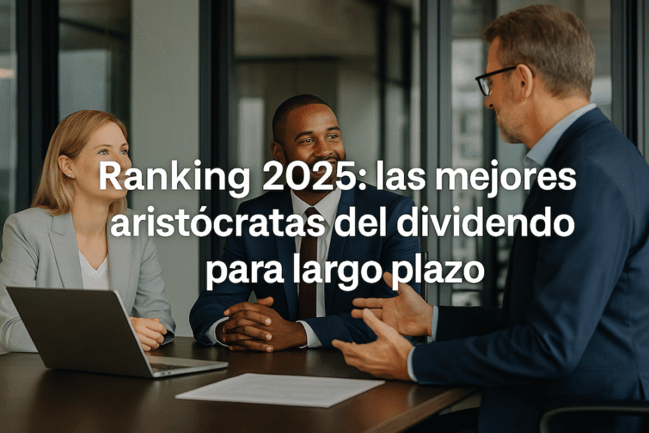 Fotografía de tres profesionales reunidos en una oficina moderna, con la frase “Ranking 2025: las mejores aristócratas del dividendo para largo plazo” en letras blancas.