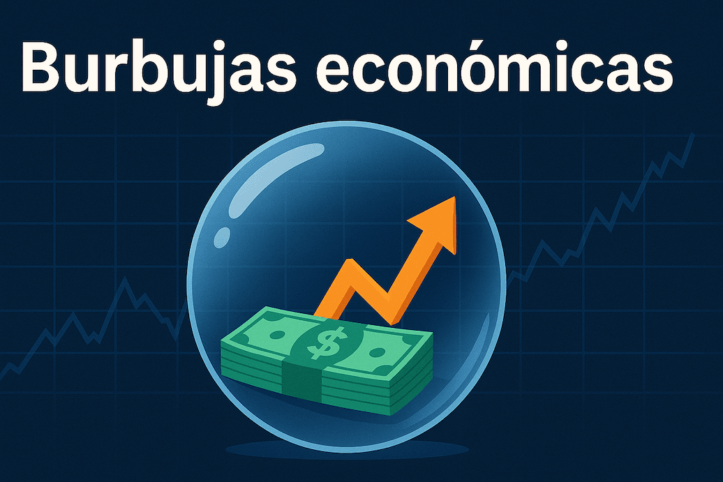 Ilustración rectangular sobre burbujas económicas con un globo transparente que encierra billetes y una flecha ascendente.