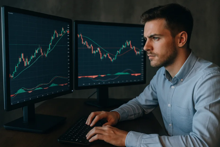 Joven trader concentrado operando con dos pantallas que muestran gráficos de apalancamiento financiero en tiempo real.