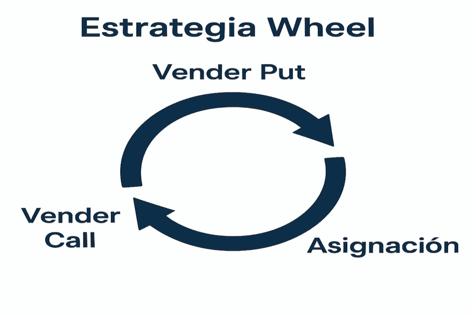 Diagrama minimalista de la estrategia wheel opciones mostrando el ciclo de vender put, asignación y vender call.