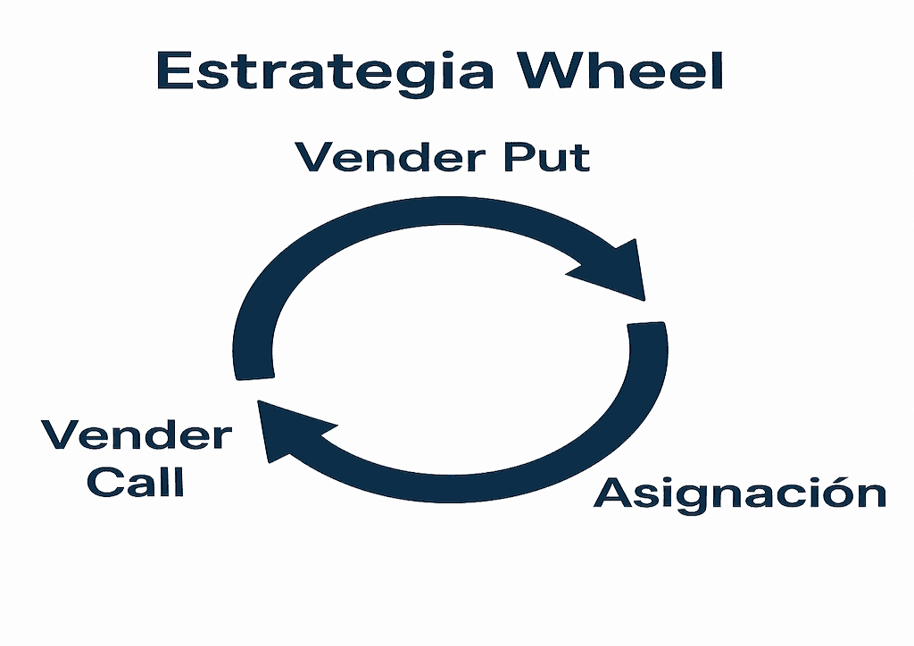 Diagrama minimalista de la estrategia wheel opciones mostrando el ciclo de vender put, asignación y vender call.
