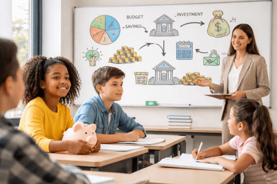 Educación financiera en jóvenes en una clase escolar donde aprenden sobre dinero, ahorro e impuestos.